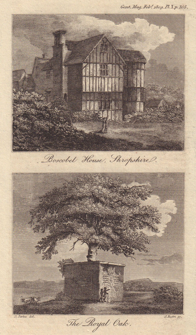 View of Boscobel House and the Royal Oak. Shropshire 1809 old antique print